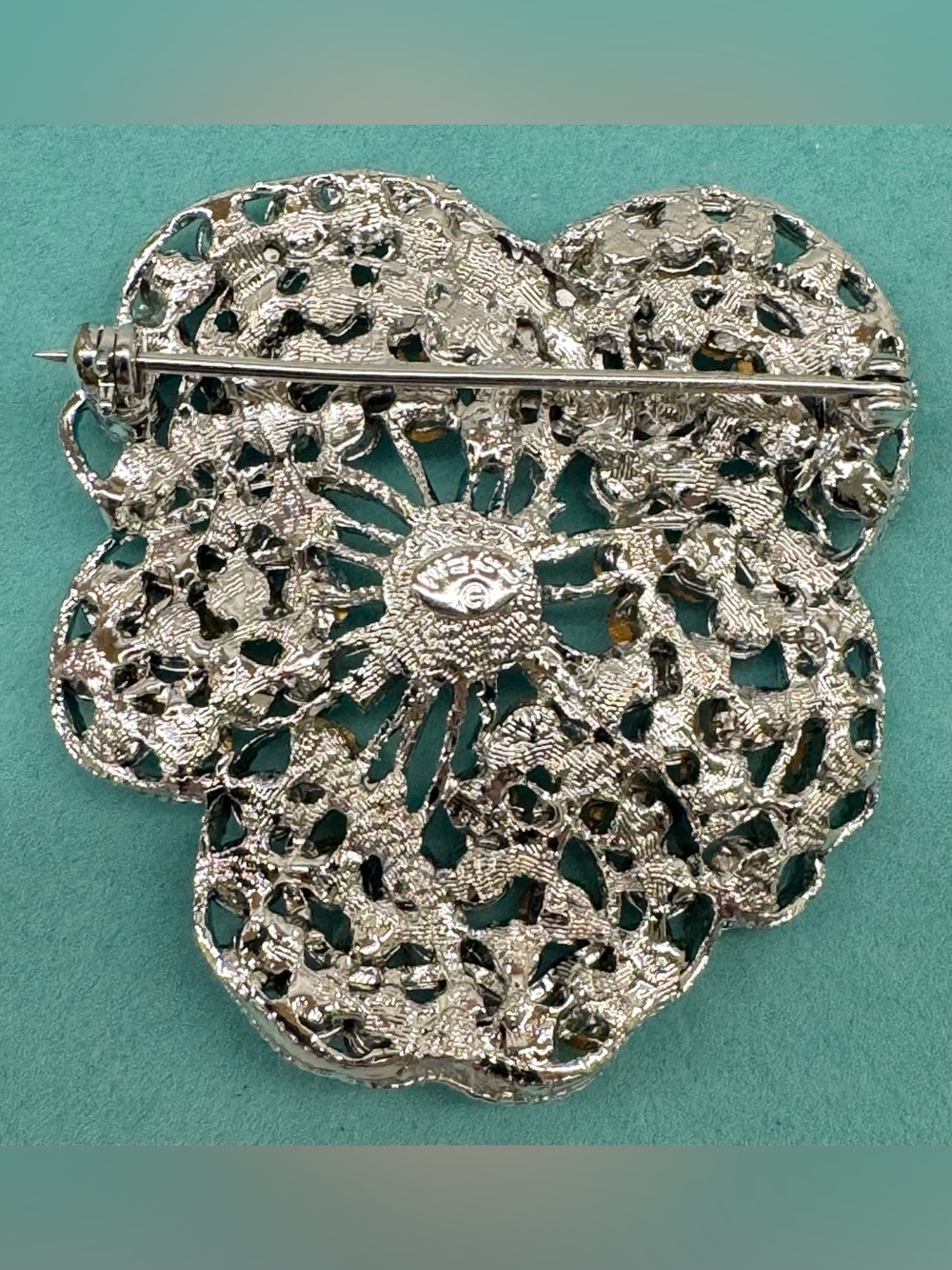 🌺 Vintage Weiss Pink Rhinestone Floral Brooch Silver Tone 2” Statement Pin 🩶 - Picture 7 of 9